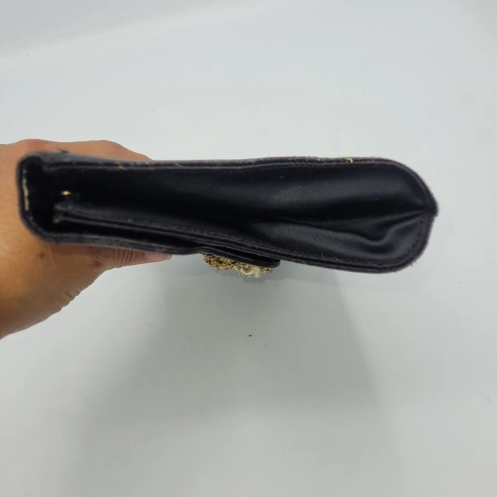 VTG Miss Lewis Black Satin Evening Clutch with Ornate Gold Face Medallion